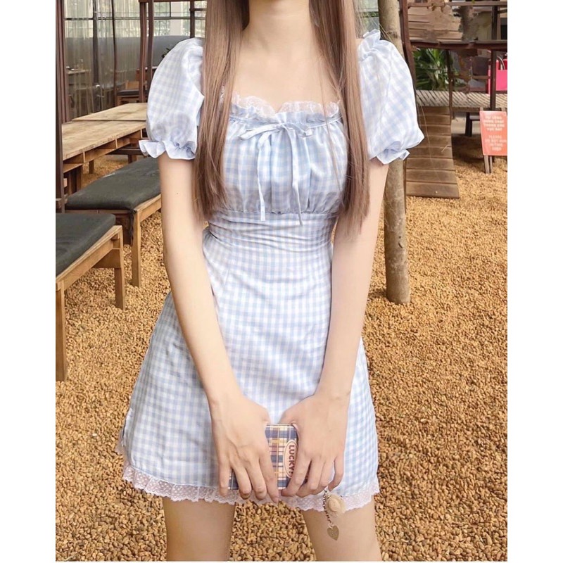 Váy - Đầm trễ vai kẻ caro phong cách Ulzangg quảng châu kèm video + hình thật ở cuối