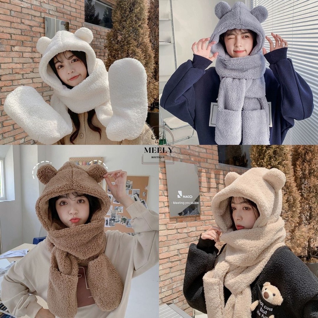 Mũ Lông Tai Gấu Kèm Khăn Quàng Cổ và Găng Tay Siêu Ấm Áp ulzzang Hàn Quốc, Mũ Lông Thỏ Mùa Đông - Freesize