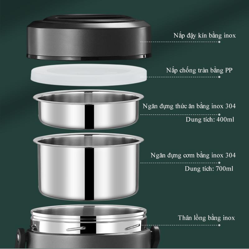 Hộp cơm giữ nhiệt inox 304 hút chân không siêu dài hộp đựng cơm trưa nhiều tầng tiện lợi dung tích lớn cho nhân viên văn phòng