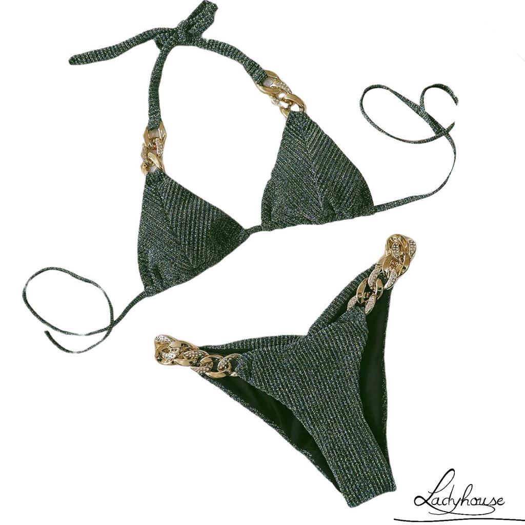 Đồ bơi bikini kiểu dây đeo cổ quần lót lọt khe lưng thấp thời trang mùa hè dành cho nữ