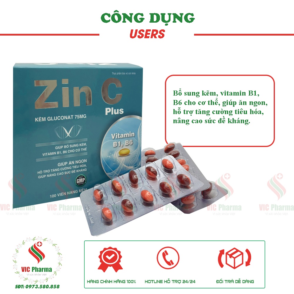 Viên uống tăng đề kháng ZinC giúp bổ sung kẽm và Vitamin B1, B6 cho cơ thể, hộp 100 viên nang