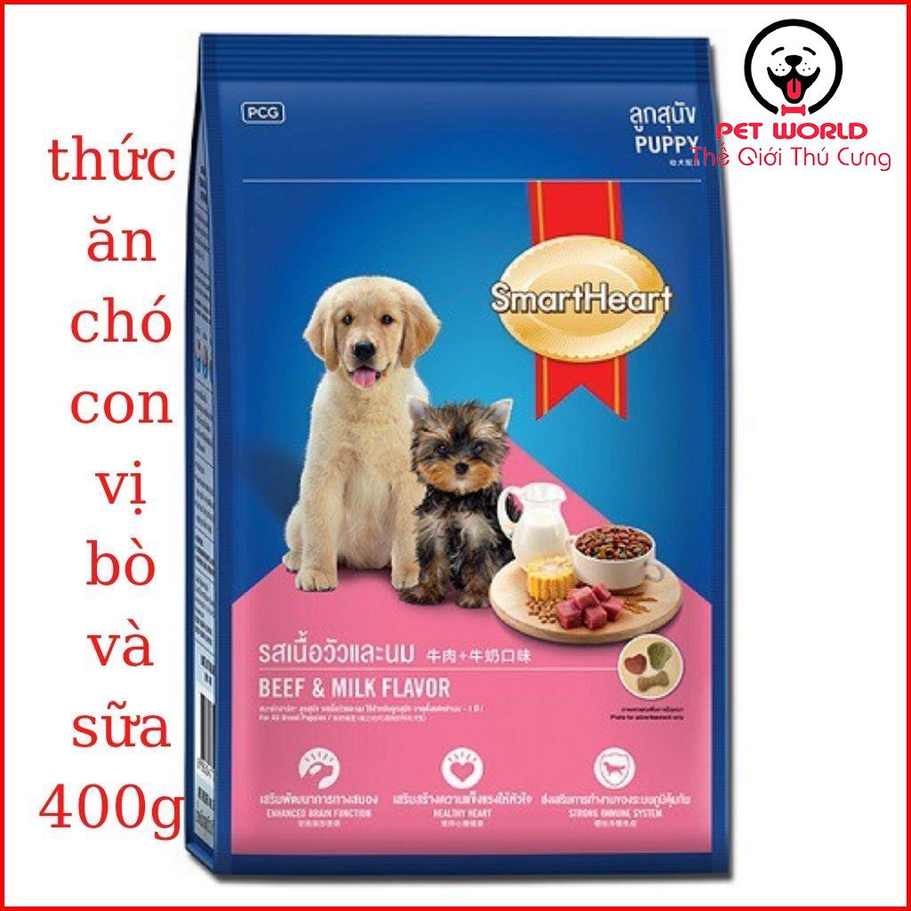 Thức ăn cho chó con SmartHeart Puppy 400g Vị thịt bò và sữa, hạt cho chó giá rẻ