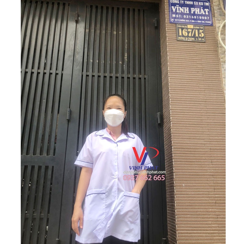 Áo Blouse Trắng Có Viền Xanh Nữ Bo Tròn Cổ - Áo Blu Trắng Điều Dưỡng, Y Tá, Dược Sỹ, Y Sỹ, Thẩm Mỹ Viện, Spa Nhà Thuốc