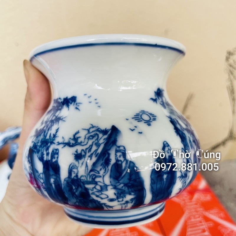 Bình vôi + ống nhổ đẹp Bát Tràng Cao cấp men lam