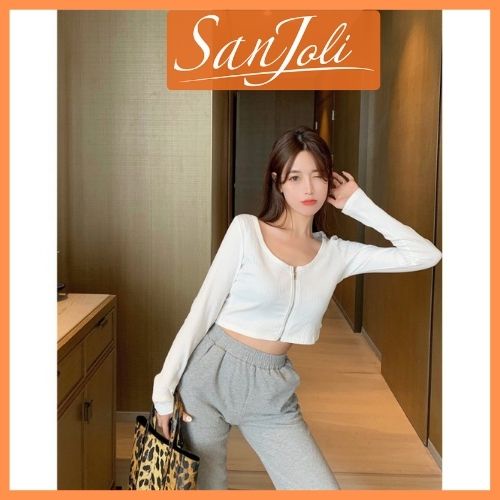 Áo Croptop Ôm Tay Dài SANJOLI Áo Kiểu Croptop Nữ Body Sexy Cổ Tim  Đẹp Bánh Bèo Trắng Đen AO036