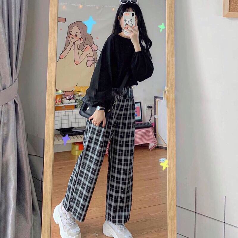 Quần ống rộng Bape kẻ sọc caro mẫu mới chất thô mềm mịn (màu đen) ulzzang