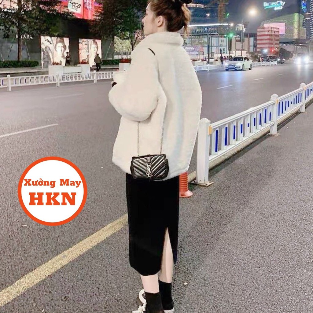 Sét Áo Khoác Lông Min Màng Kèm Váy Đen Xẻ Sau Phong Cách Hàn Quốc Mã 580 Xưởng May HKN