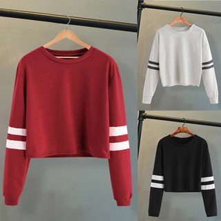 Áo thun sweater cổ tròn tay dài phối hoạ tiết kẻ sọc