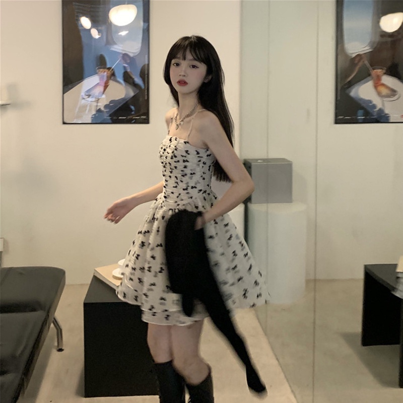 Set trang phục ZHELIHANGFEI đầm hai dây họa tiết hoa và áo khoác cardigan dệt kim dáng ngắn thời trang cho nữ