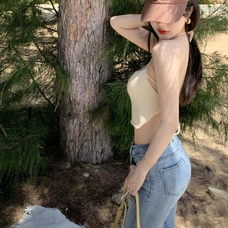 Áo Croptop Dệt Kim Hai Dây Màu Sắc Trơn Quyến Rũ Cho Nữ