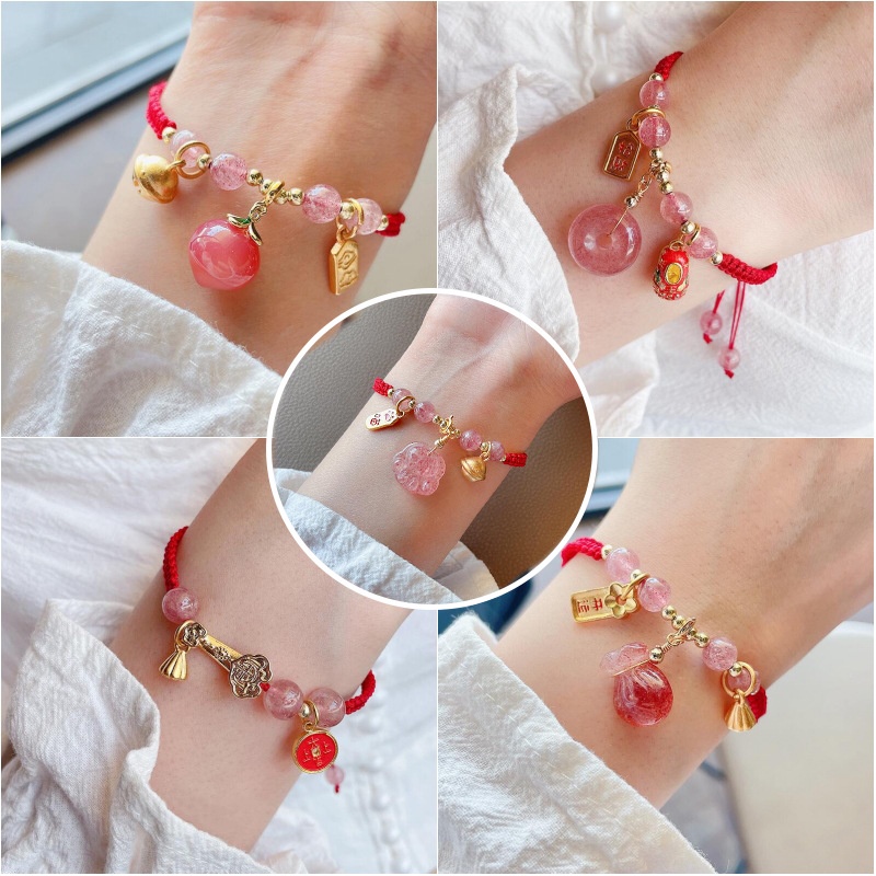 Vòng tay bện màu đỏ đính đá pha lê dâu tây thời trang xuân hè cho nữ