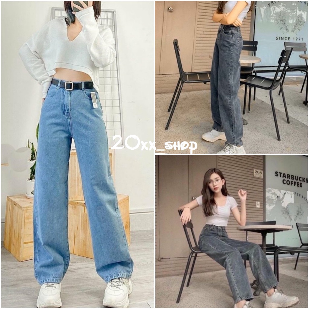 Quần Jean Nữ Dài Trơn Dáng Suông Ống Rộng Lưng Cao - Quần Bò Nữ Dày Đẹp 2 Màu Xanh | Xám