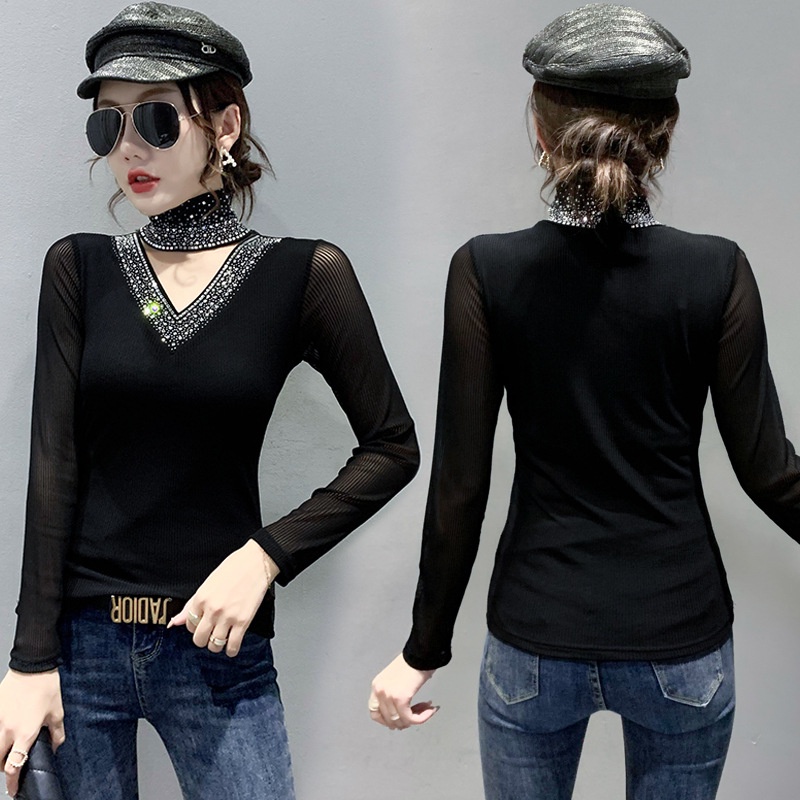 Cổ cao đính đá thời trang áo lưới dài tay Áo thun dài tay nữ