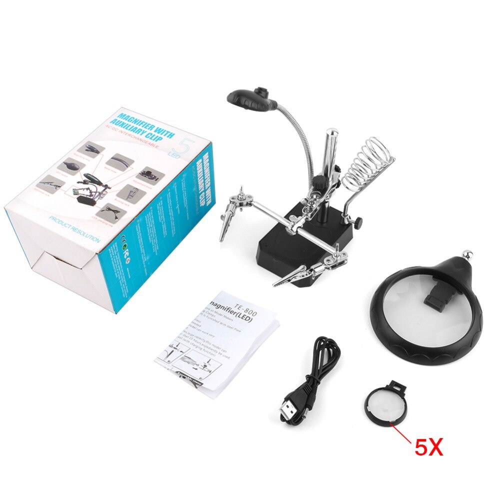 Giá kẹp hàn TE-800 có kính lúp, đèn Led &amp; gác tay hàn, kẹp điện tử đa năng