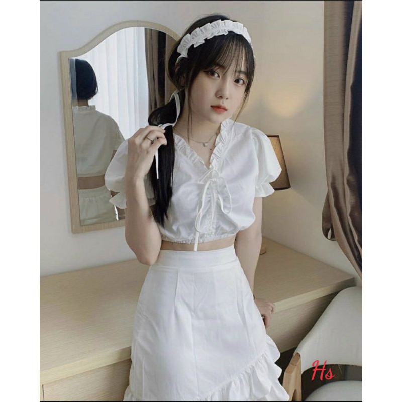 Set Bộ Nữ Tiểu Thư Chân Váy Áo Croptop Viền Bèo Cổ V Dây Rút Siêu Xinh