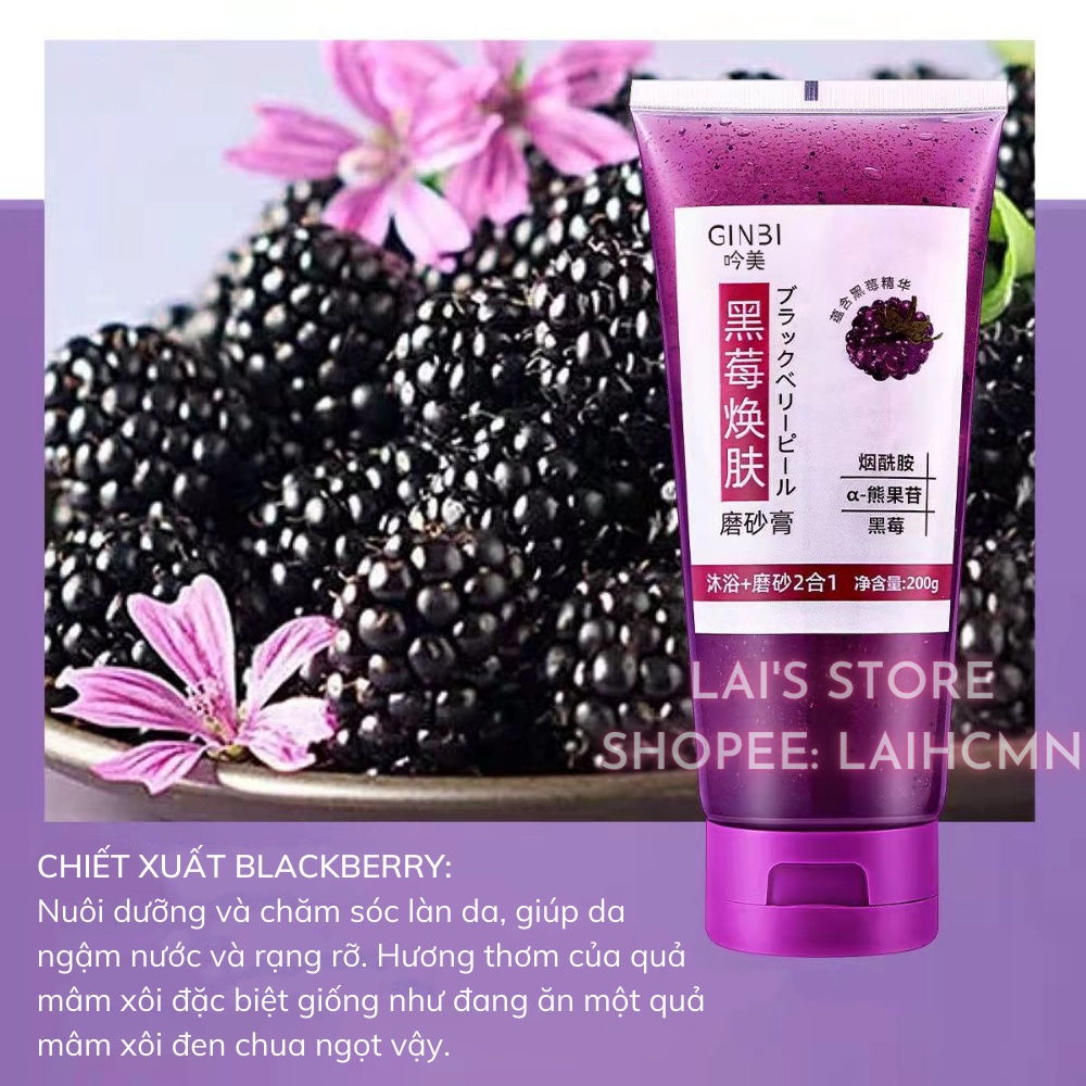 Tẩy Tế Bào Chết Mâm Xôi Đen GinBi (200ml) Làm Sạch Da, Dưỡng Ẩm, Trắng Da, Bổ Sung Khoáng Chất, Chăm Sóc Làn Da