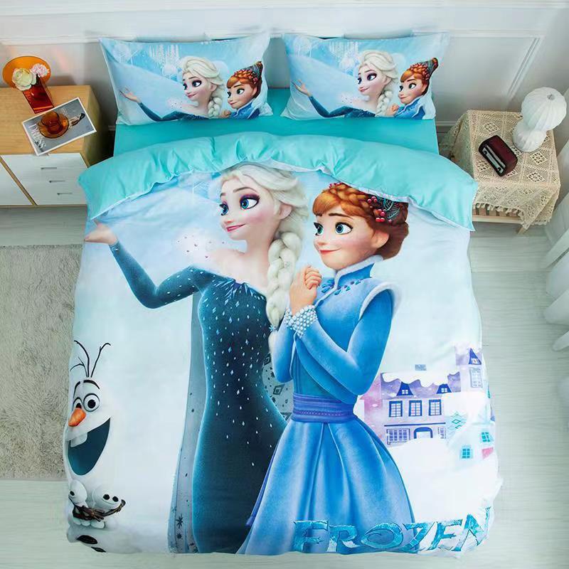 Bộ Chăn Ga Gối Cotton Hoạt Hình 3D Chị Em Elsa - Anna