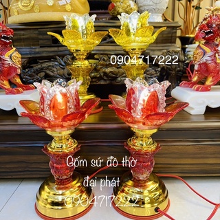 Đèn thờ hoa sen, đèn điện thờ bông sen thủy tinh pha Lê màu đỏ, vàng kích thước 23cm