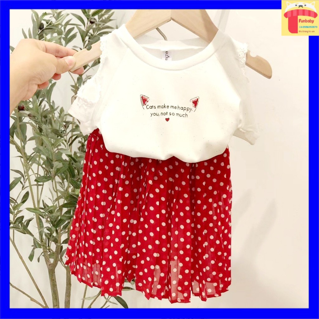 Set đầm bé gái 9m-4 tuổi rời hổ vai in hình mèo và chữ, Váy hè cho bé điệu đà đáng yêu