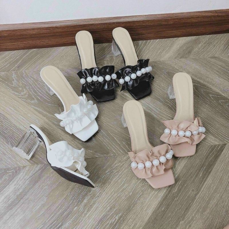 guốc gót trong quai nơ nhún đính ngọc