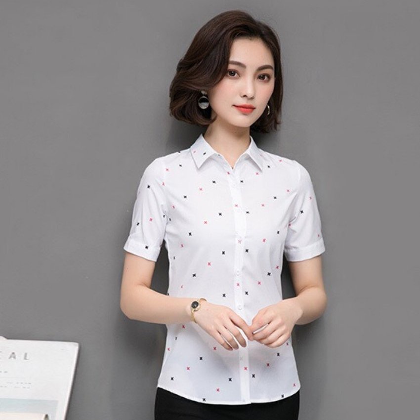 Áo Sơ Mi Nữ Tay Ngắn Phối Họa Tiết Dấu X DX02 Thời Trang ERINA Chất Kate Mềm Mịn,Thoáng Mát