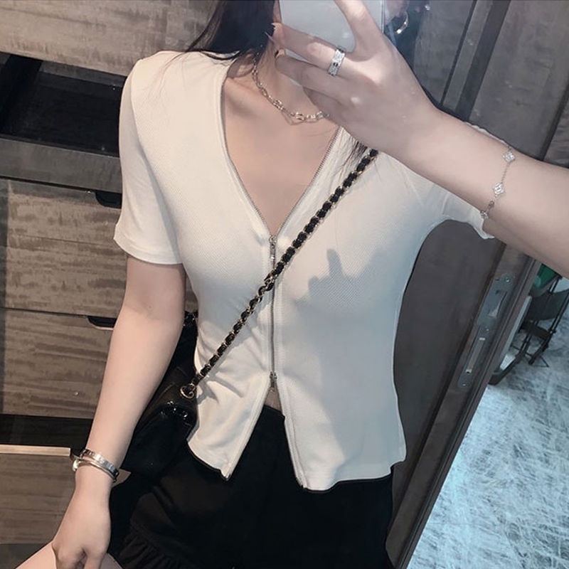 Áo Croptop Dệt Kim Tay Ngắn Cổ Chữ V Dáng Ôm Phối Khóa Kéo Thời Trang Hàn Quốc Cho Nữ