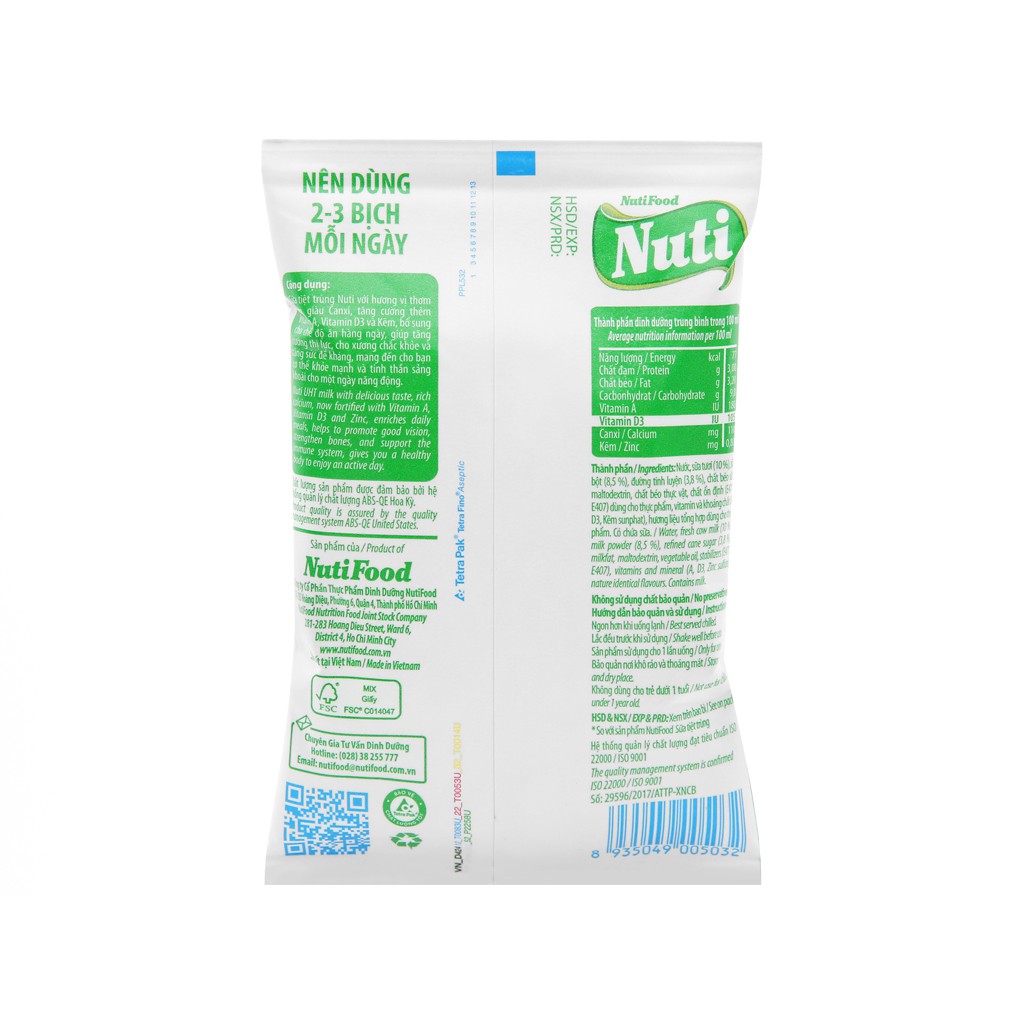 6 BỊCH Sữa tiệt trùng có đường Nuti bịch 220ml