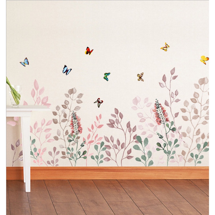 Decal dán tường trang trí chân tường -  BƯỚM NGŨ SẴC CÙNG HOA CỎ MÙA XUÂN THANH LỊCH