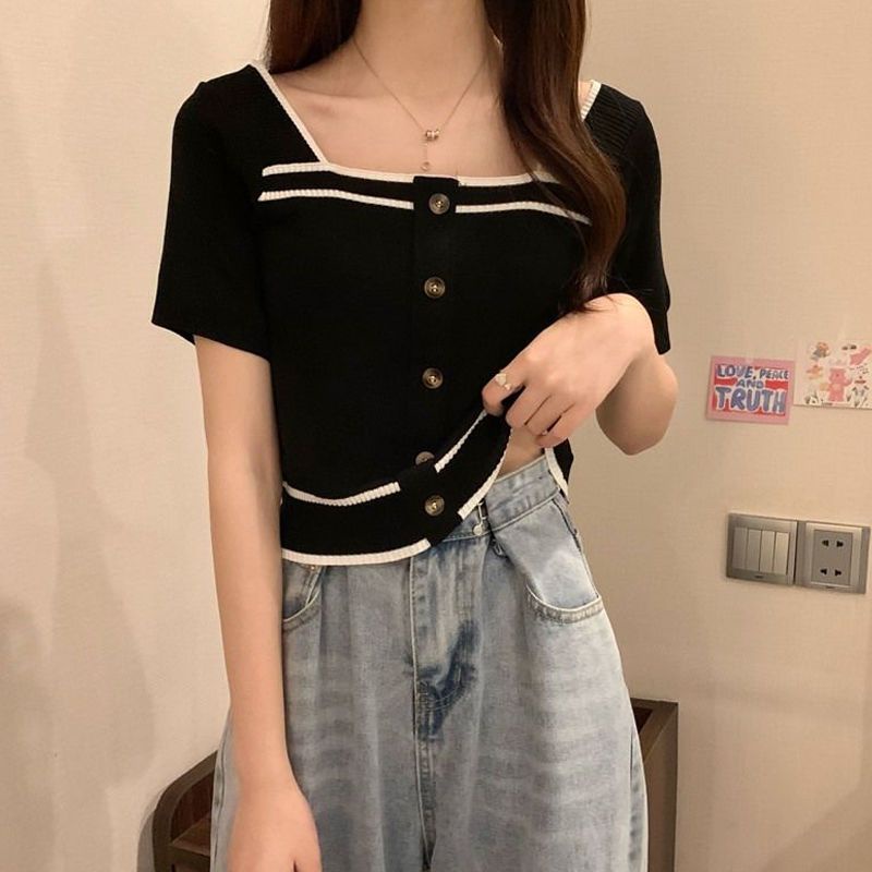 Áo Thun Ngắn Tay Cổ Vuông Phong Cách Phương Tây Thời Trang Mùa Hè Mới Cho Nữ