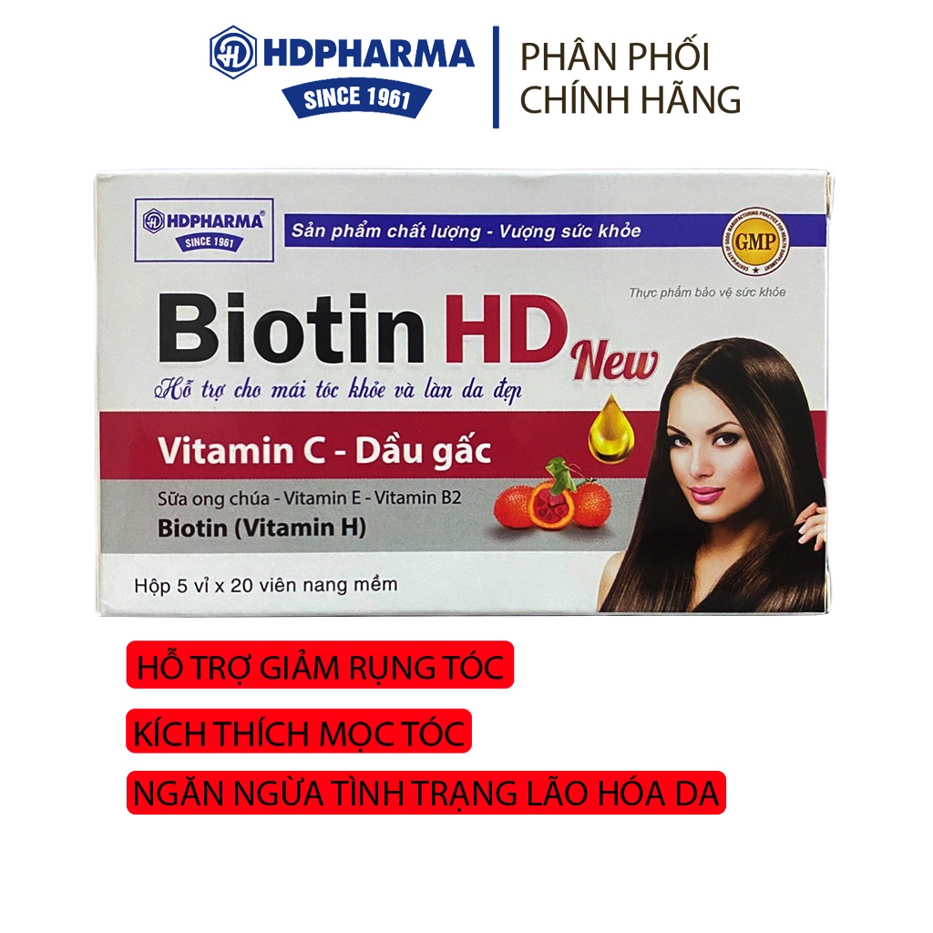 Viên uống Biotin Hd giảm rụng tóc kích thích mọc tóc bổ sung vitamin C,giúp đẹp da tóc chắc khỏe - Hộp 100 viê