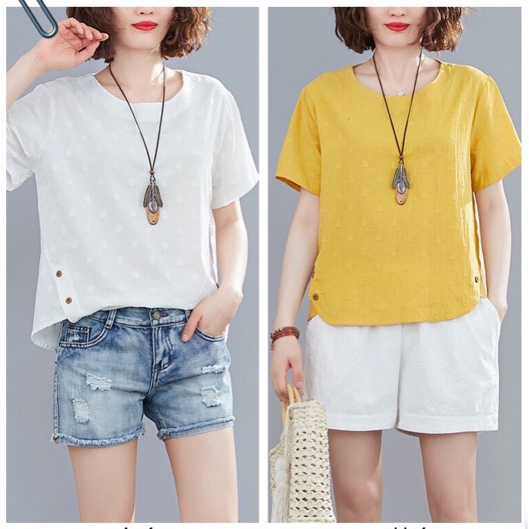 Áo nữ cổ tròn tay ngắn, họa tiết chấm bi, vạt bầu, chất liệu vải lanh (linen) và vải bông (cotton) thoáng mát - A016