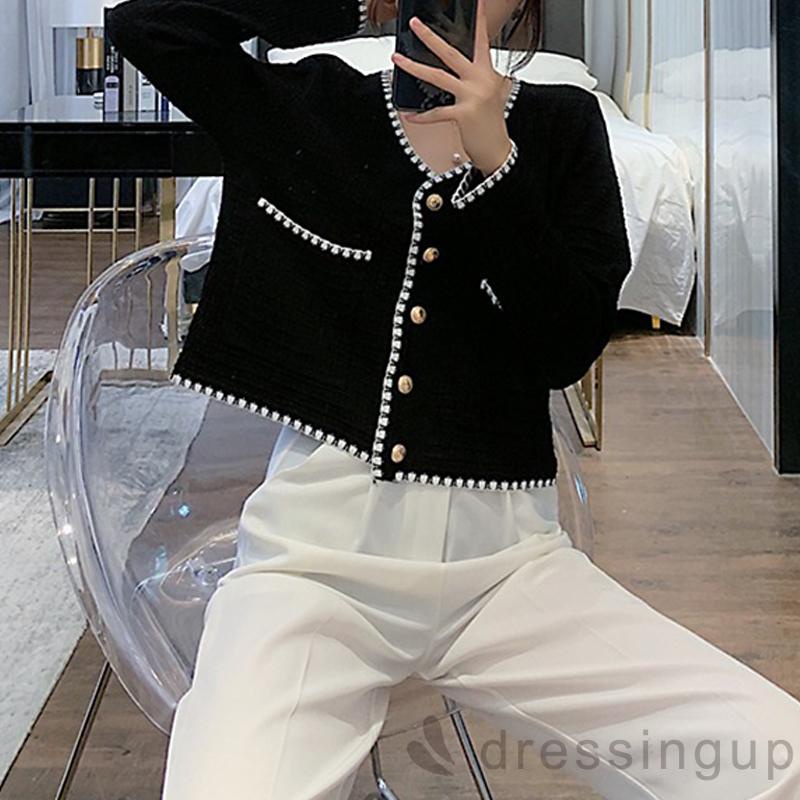 Áo croptop dệt kim tay dài cổ chữ V dáng rộng cài nút kiểu retro cho nữ