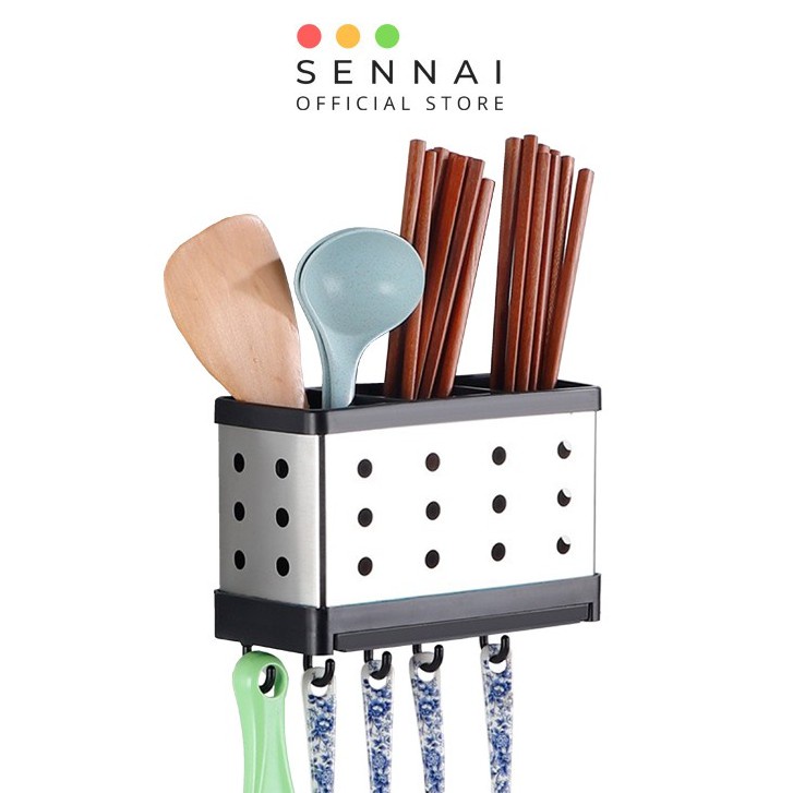 Ống Đựng Đũa Muỗng Inox 304 3 Ngăn SENNAI Có Khay Hứng Nước - Tặng Kèm Móc Treo Đồ Đa Năn