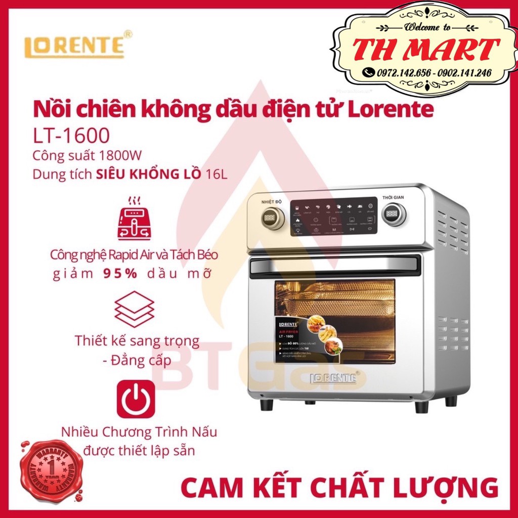 [ freeship ] nồi chiên không dầu 16l lorente lt 1600 - màn điều khiển cảm ứng 8 chế độ cài đặt sẵn dễ dàng khi sử dụng