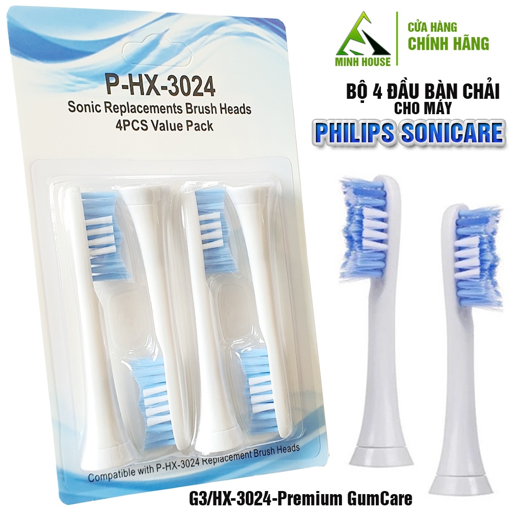 Cho máy Philips Sonicare G3/HX-3024 -Premium GumCare cước mềm Bộ 4 đầu bàn chải đánh răng điện, Minh House