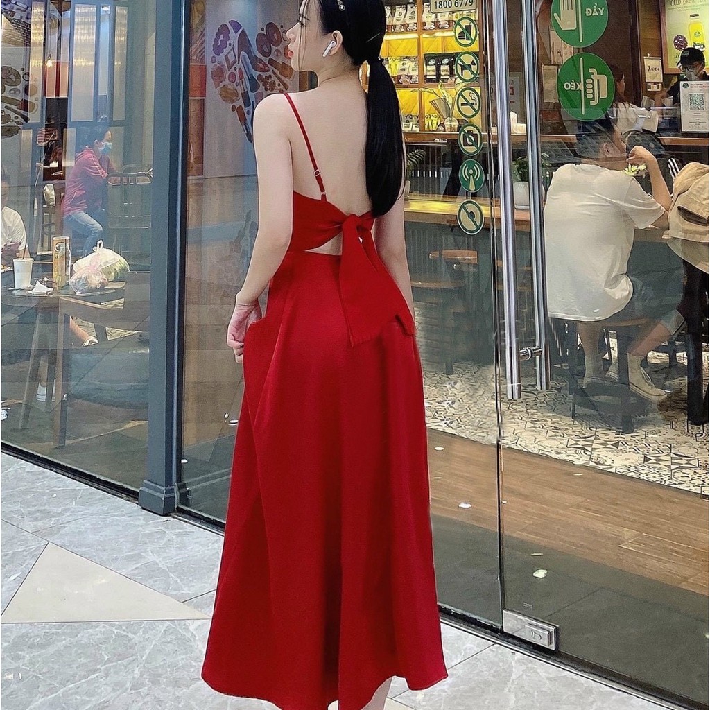 Đầm váy freesize đỏ 2 dây nơ sau