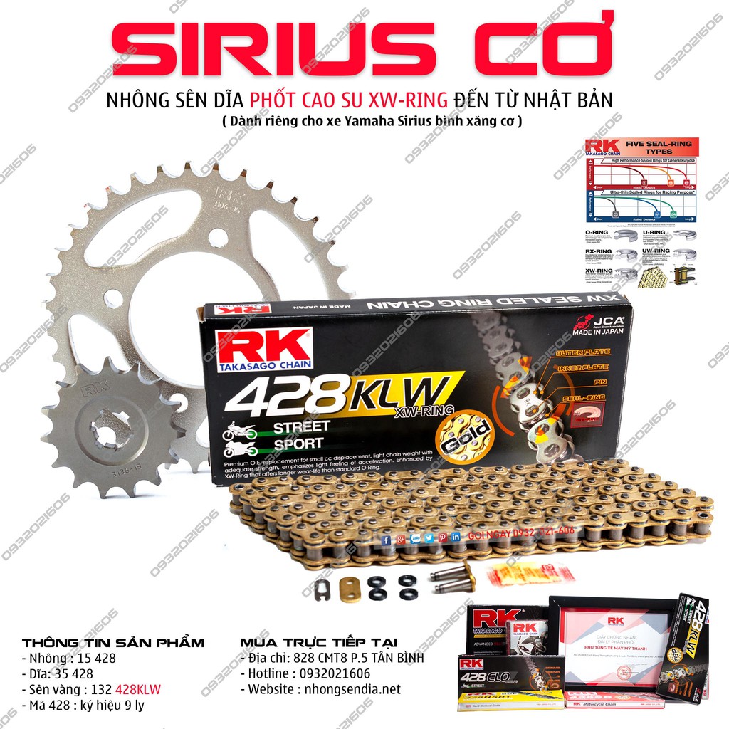 Nhông dĩa RK xe Sirius FI sên Vàng Phốt cao su chính hãng