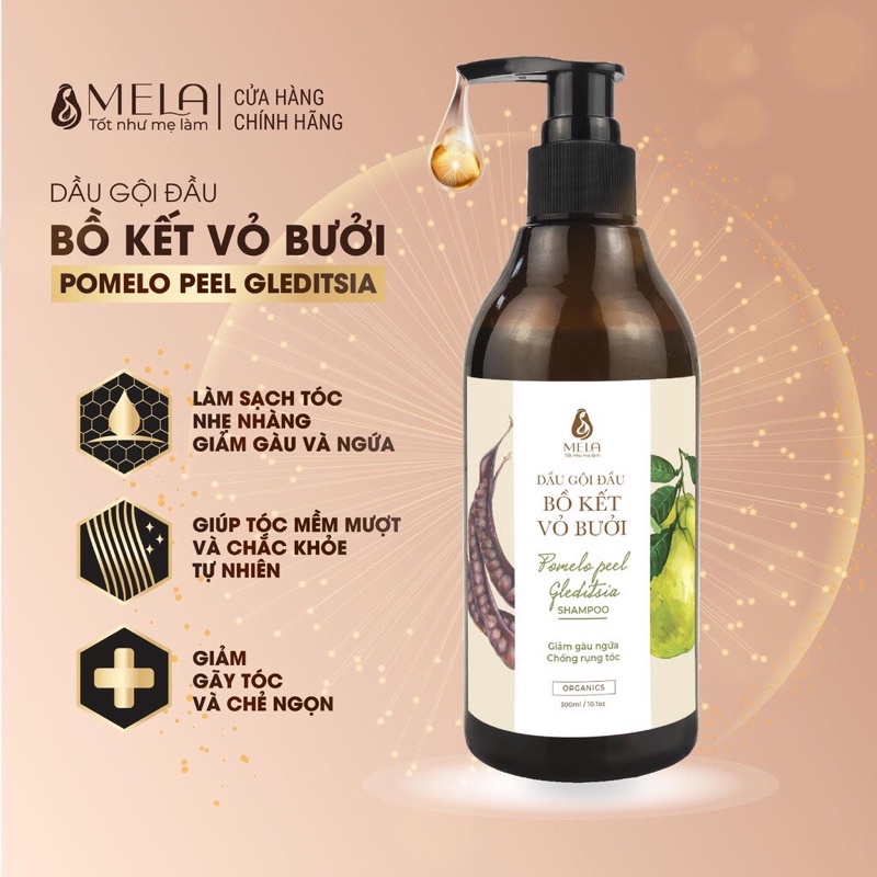 Cặp Dầu Gội Xả Bồ Kết Vỏ Bưởi Hương Nhu MELA Chăm Sóc Tóc Giảm Gàu Mềm Mượt, Ngăn Gãy Khô Tóc 300ml