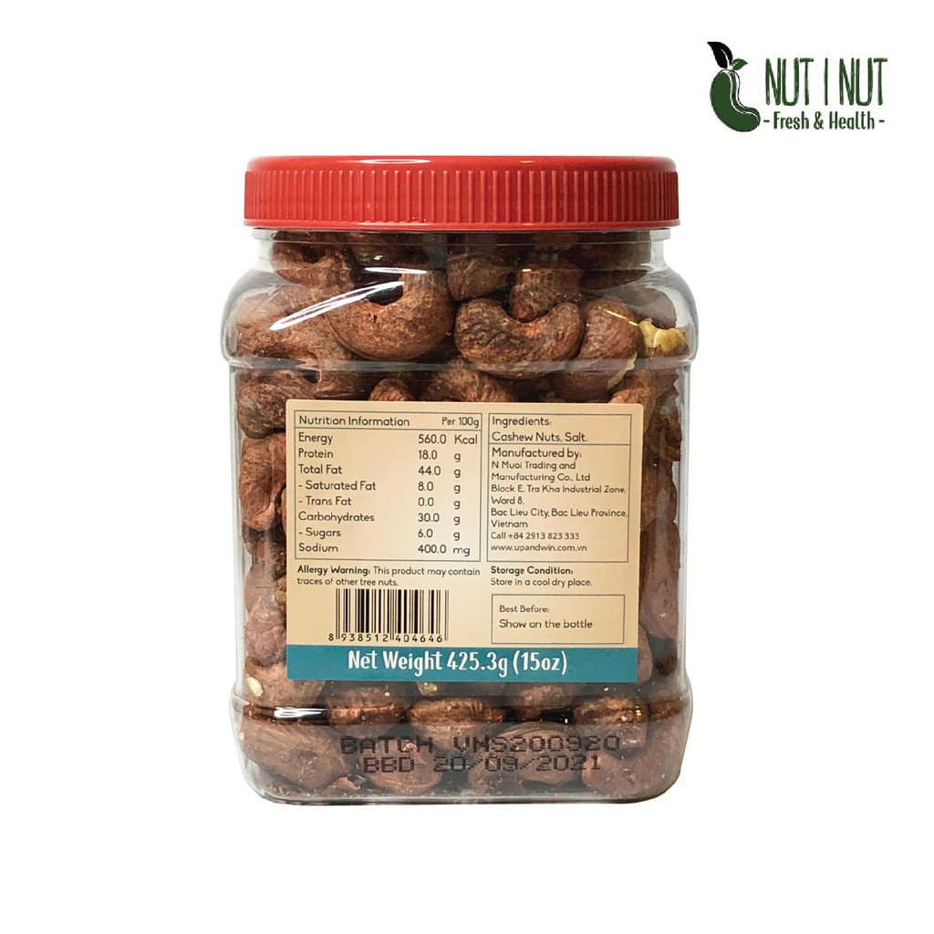 Hạt điều sấy muối vỏ lụa NUT I NUT hũ 425.3 gram