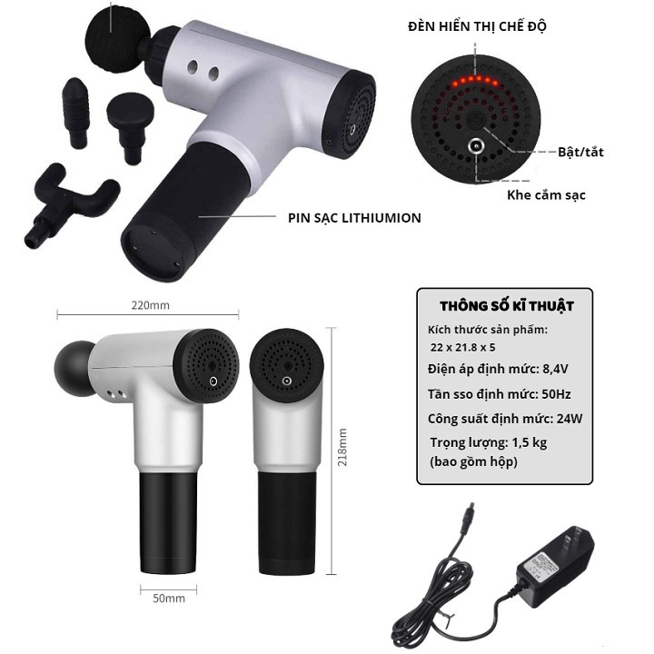 Máy Massage Cầm Tay Gun 4 Đầu 6 Chế Độ Chính Hãng Cải Thiện Sức Khỏe Người Dùng Giảm Đau Nhức Toàn Thân