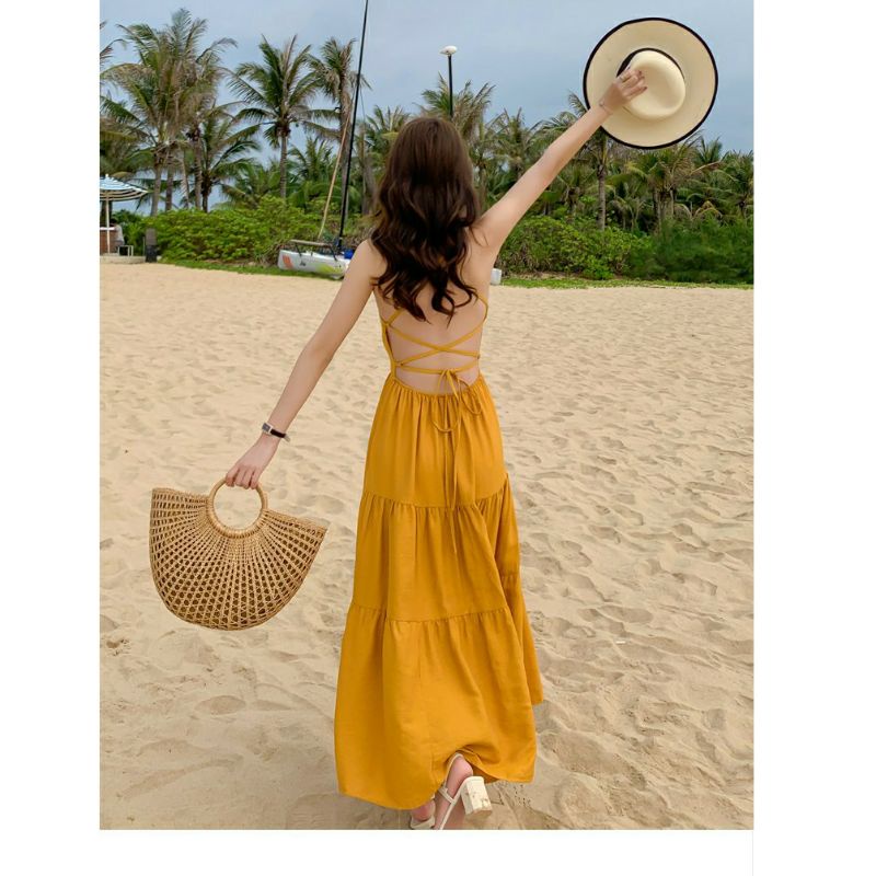 ĐẦM MAXI ĐAN LƯNG vàng cổ yếm  tầng