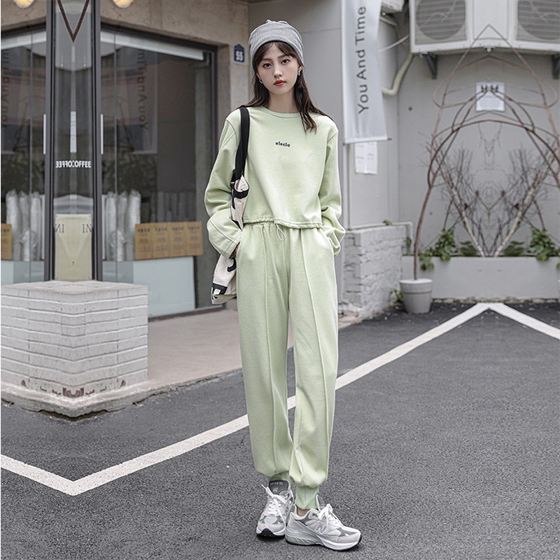 Bộ Nỉ Nữ Dài Tay Dây Rút Eo In Chữ Eleclo Kèm Quần Dài Bo Gấu Ulzzang Thời Trang Sugal QA NU 025V2