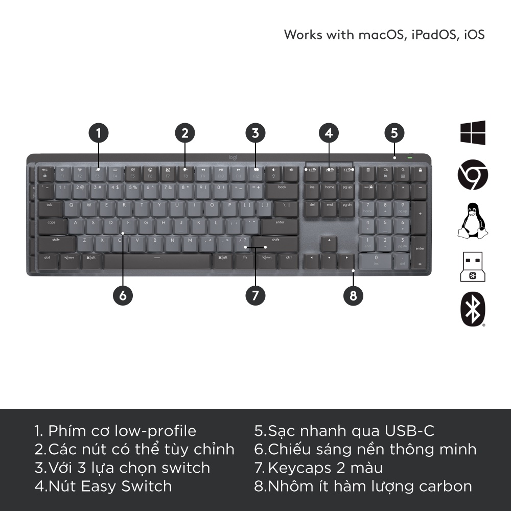 Bàn phím cơ không dây Logitech MX Mechanical – Tactile, chiếu sáng nền, sạc USB-C, mac OS | Win