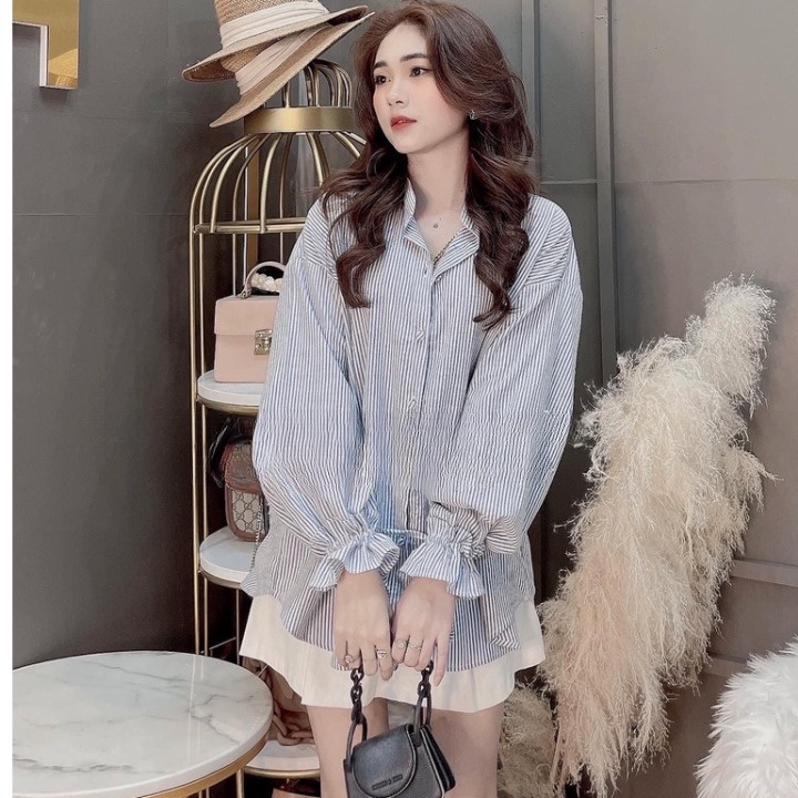 áo sơ mi kẻ sọc cổ trụ rút dây tay kiểu dáng đáng yêu