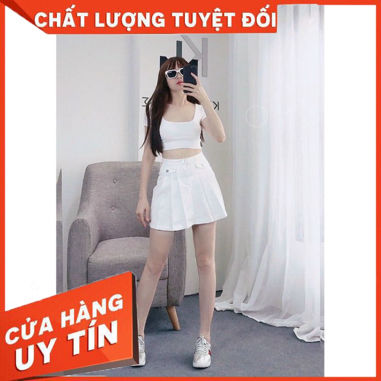 Chân váy Jean ngắn dáng xòe xếp li_Váy bò chữ A chiết li chất đẹp co giãn _{HÀNG CÓ SẴN}