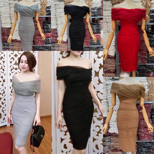 Đầm dự tiệc dáng ôm body lưới bẹt vai