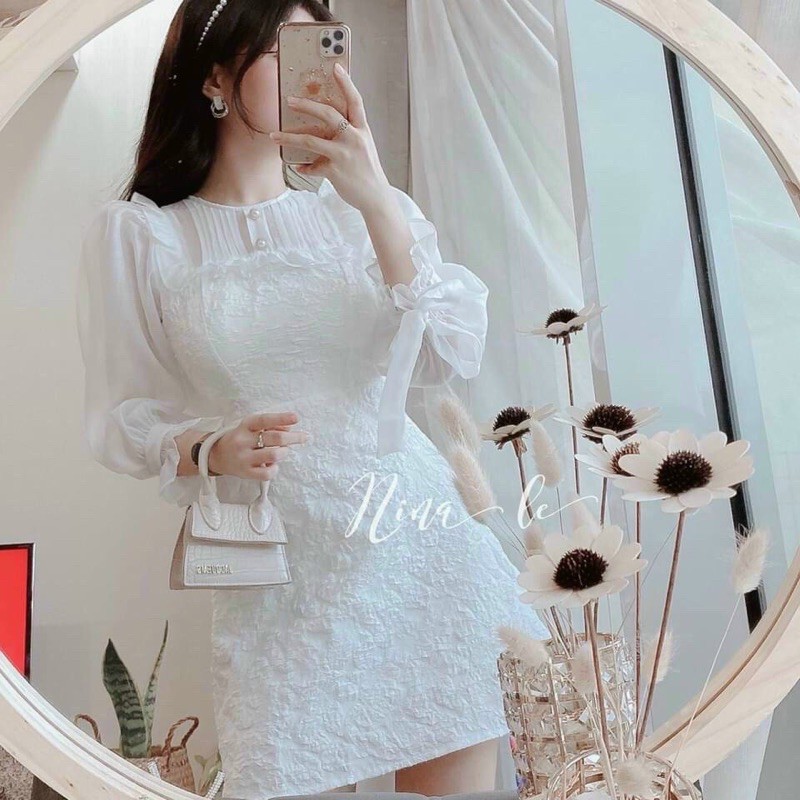 Đầm gấm phối voan tiểu thư