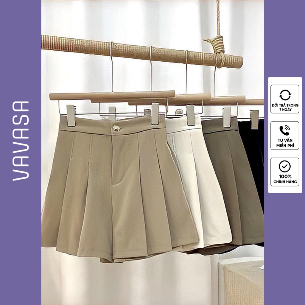 Quần short giả váy nữ xếp ly quần sooc nữ ống rộng lưng cao VAVASA QD15