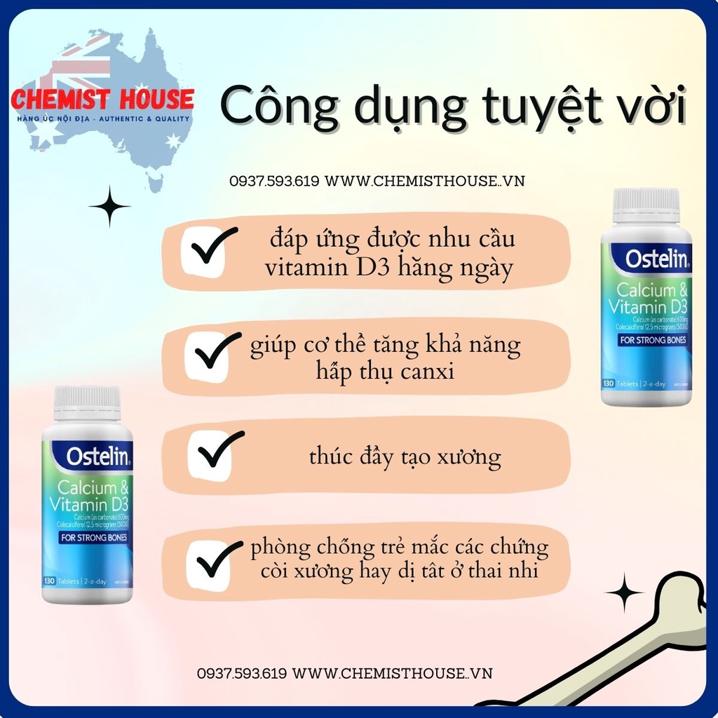 [ Hàng Chuẩn ÚC ] Ostelin Calcium &amp; Vitamin D3 - Viên uống ngăn ngừa loãng xương người lớn 130 viên