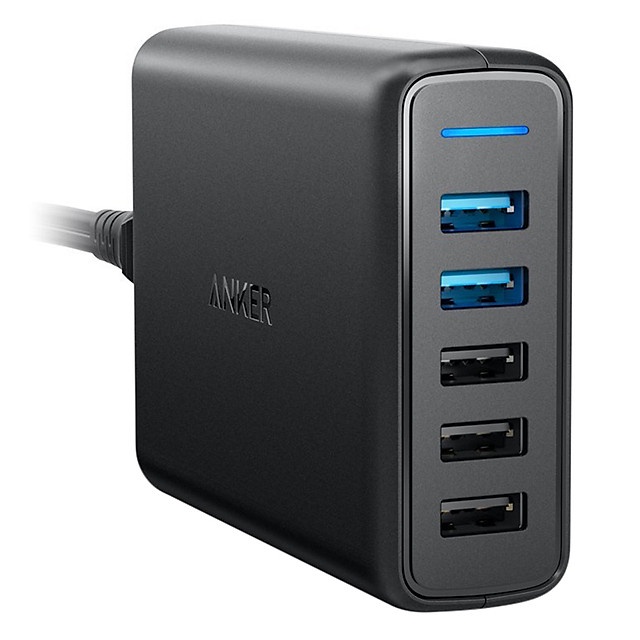 Adapter Sạc 5 Cổng Anker PowerPort Hỗ Trợ Sạc Nhanh QC 3.0 - A2054(011/J11) (Đen) - Hàng Chính Hãng
